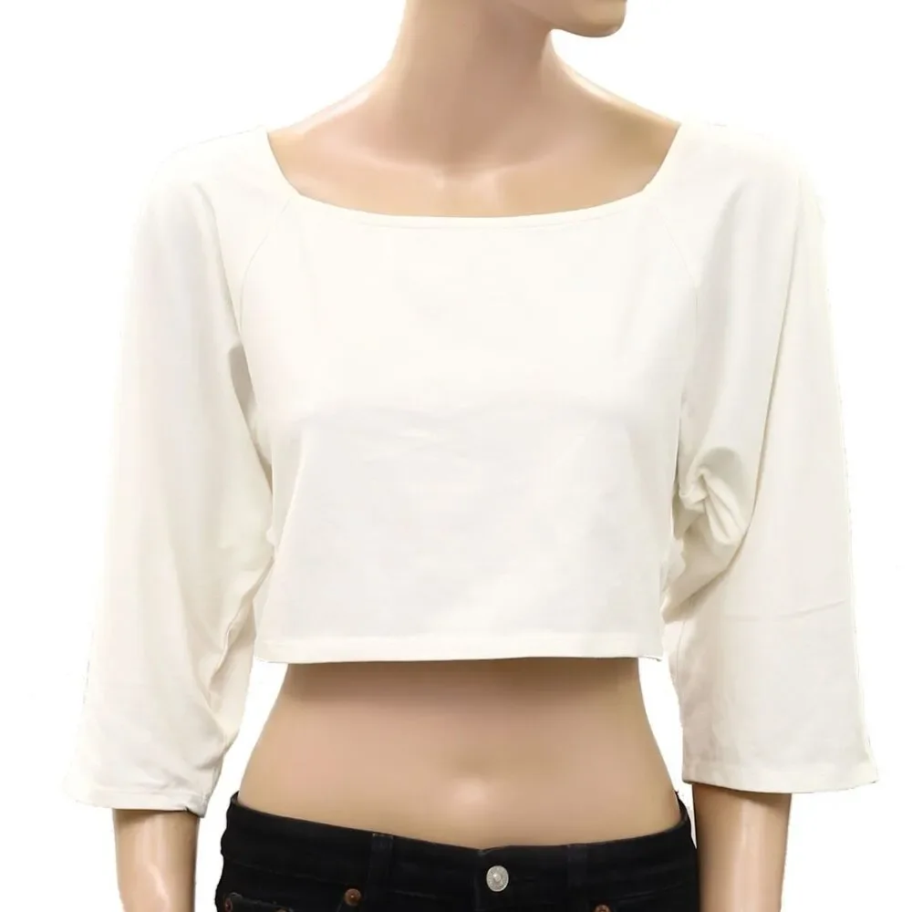 Free People Open-Back Cropped Blouse Top White 3/4 Sleeve Cotton White S 289862